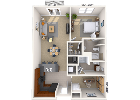 Floor plan for 1 bed, 1 bath, 930 sqft