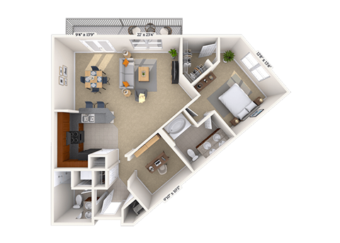 Floor plan for 1 bed, 1 bath, 1062 sqft