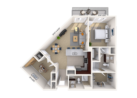 Floor plan for 1 bed, 1 bath, 1025 sqft