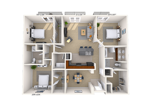 Floor plan for 3 beds, 2 baths, 1530 sqft