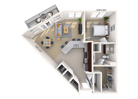 Floor plan for 1 bed, 1 bath, 859 sqft