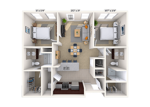 Floor plan for 2 beds, 2 baths, 944 sqft