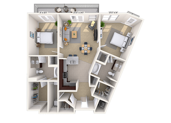 Floor plan for 2 beds, 2 baths, 1125 sqft