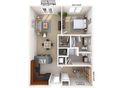 Floor plan for 1 bed, 1 bath, 907 sqft