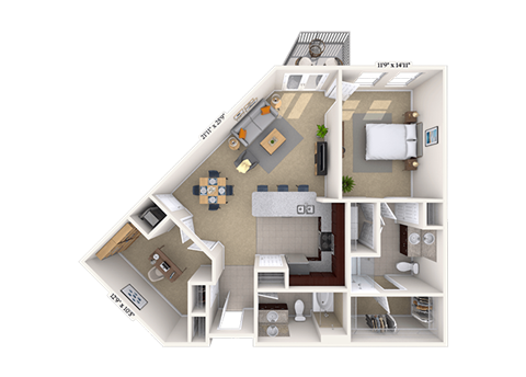 Floor plan for 1 bed, 1 bath, 1052 sqft