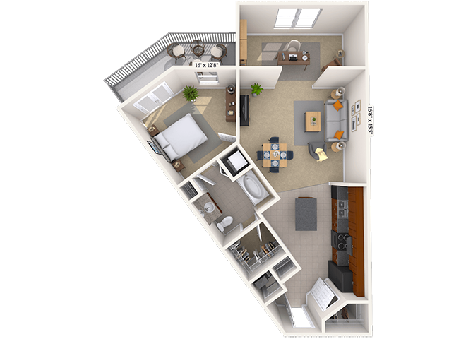 Floor plan for 1 bed, 1 bath, 917 sqft