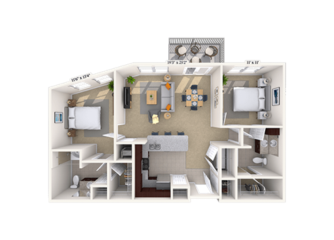 Floor plan for 2 beds, 2 baths, 1030 sqft