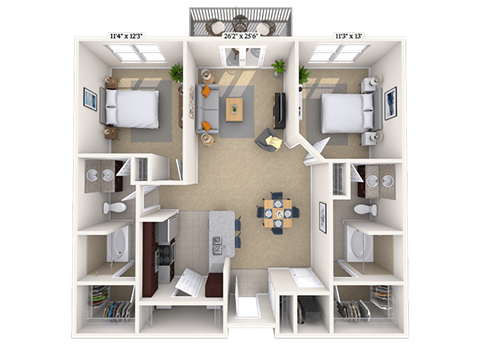 Floor plan for 2 beds, 2 baths, 1162 sqft