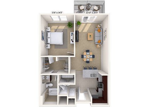Floor plan for 1 bed, 1 bath, 699 sqft