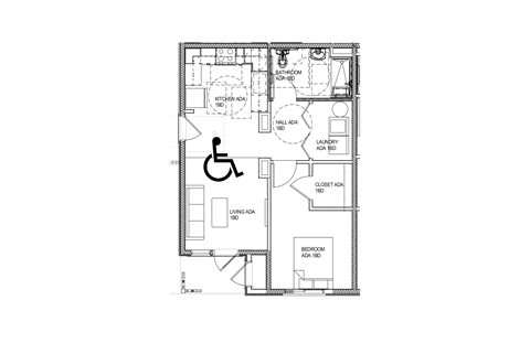 Floor plan for 1 bed, 1 bath, 611 sqft