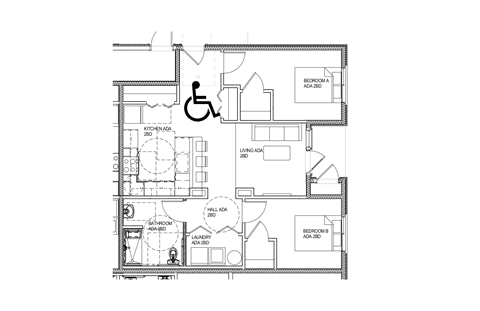 Floor plan for 2 beds, 1 bath, 897 sqft