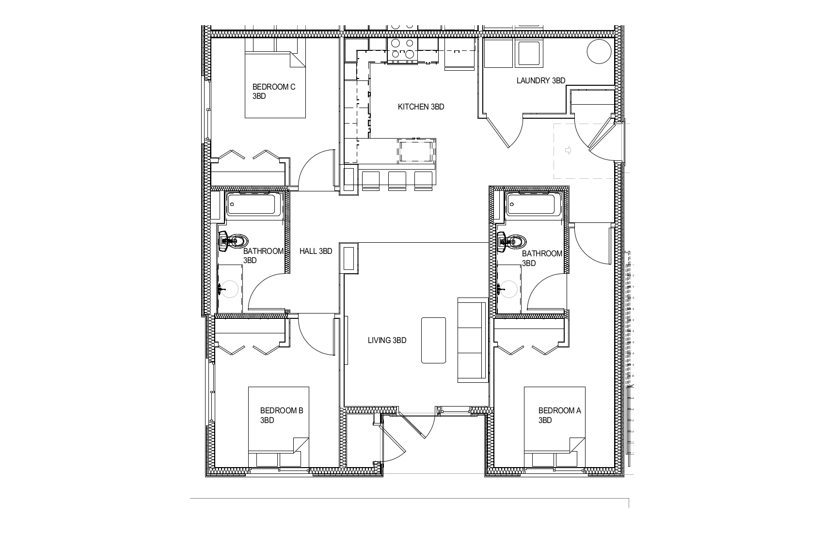 Floor plan for 3 beds, 2 baths, 1115 sqft