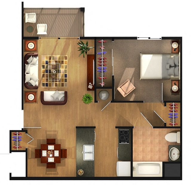 Floor plan for 1 bed, 1 bath, 700 sqft