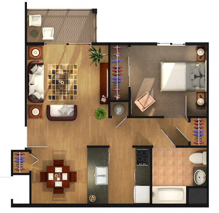 Floor plan for 1 bed, 1 bath, 700 sqft