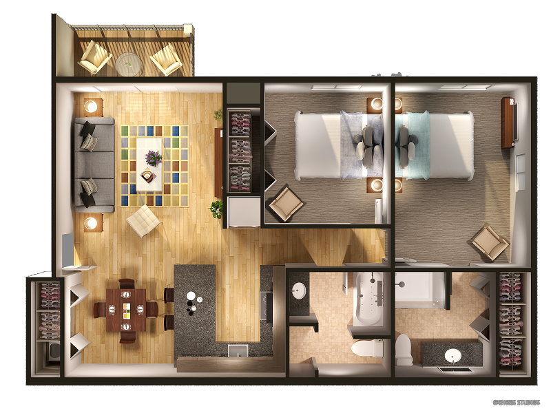 Floor plan for 2 beds, 2 baths, 960 sqft
