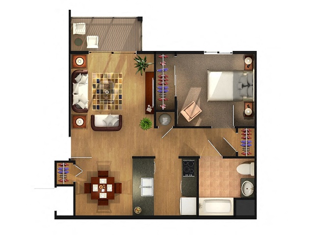Floor plan for 1 bed, 1 bath, 700 sqft