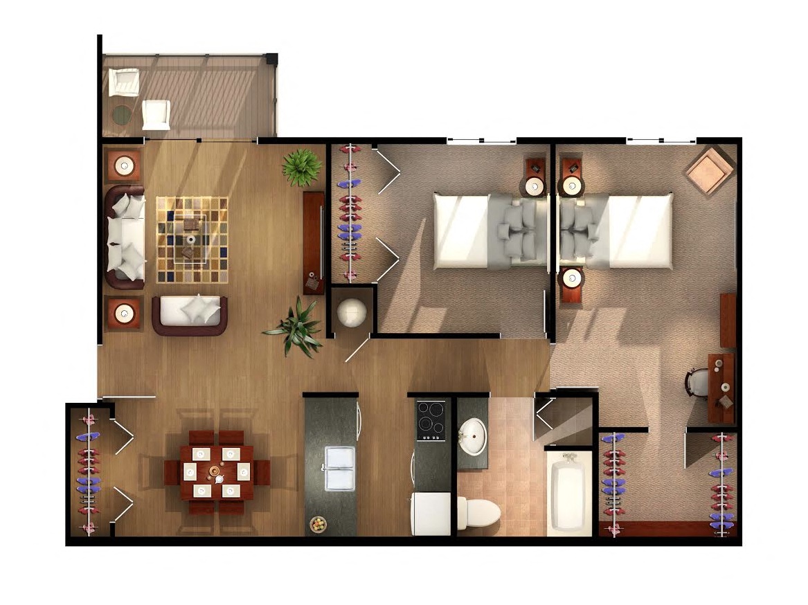 Floor plan for 2 beds, 1 bath, 1000 sqft