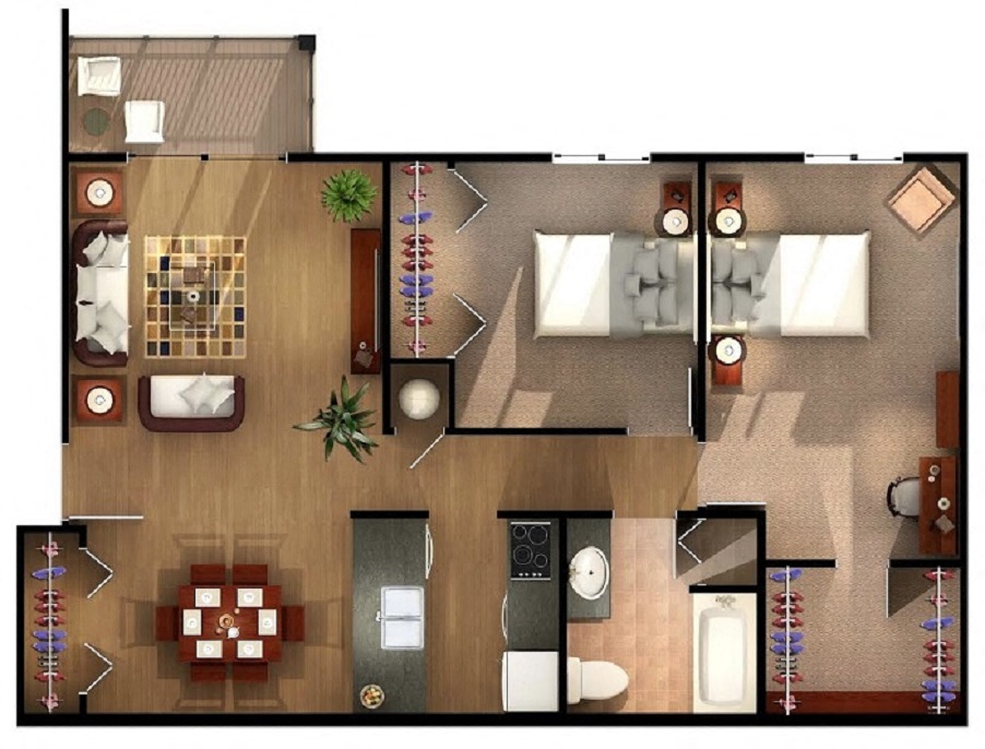 Floor plan for 2 beds, 1 bath, 1005 sqft