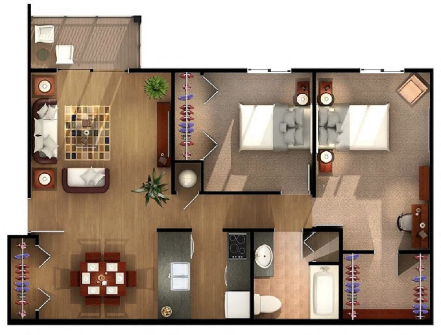 Floor plan for 2 beds, 1 bath, 960 sqft