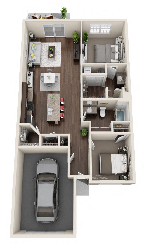 Floor plan for 2 beds, 2 baths, 1127 sqft
