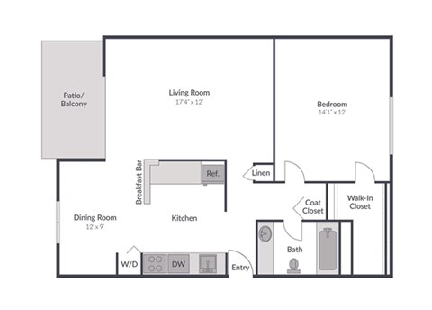 Floor plan for 1 bed, 1 bath, 725 sqft