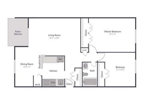Floor plan for 2 beds, 1 bath, 919 sqft