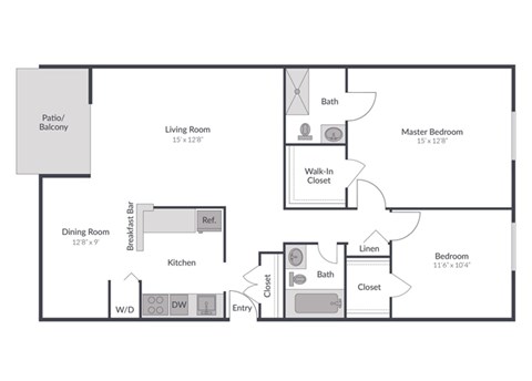 Floor plan for 2 beds, 2 baths, 966 sqft