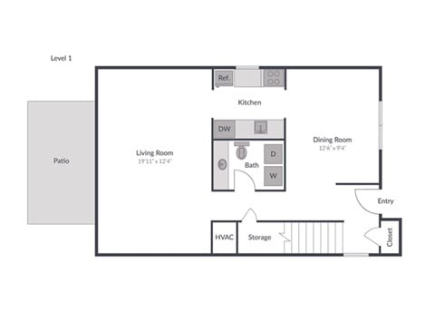 Floor plan for 3 beds, 2.5 baths, 1282 sqft