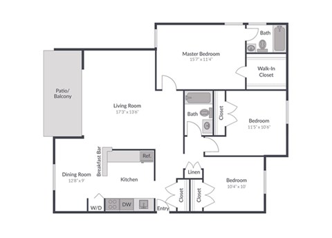 Floor plan for 3 beds, 2 baths, 1152 sqft