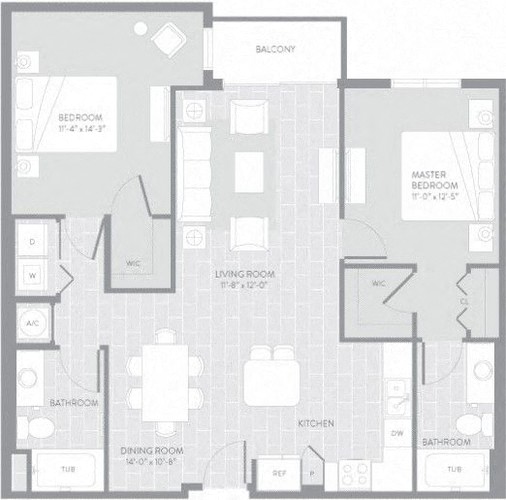 Floor plan for 2 beds, 2 baths, 1116 sqft