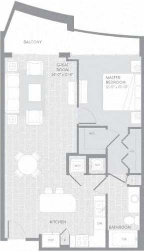 Floor plan for 1 bed, 1 bath, 820 sqft