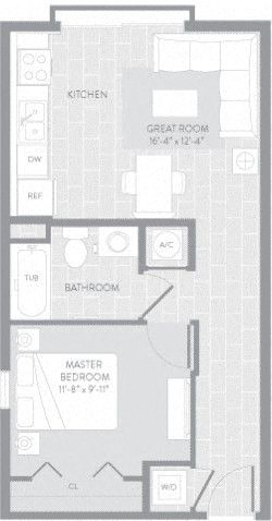 Floor plan for 1 bed, 1 bath, 558 sqft