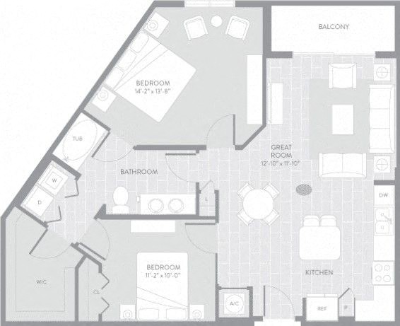 Floor plan for 2 beds, 1 bath, 1021 sqft