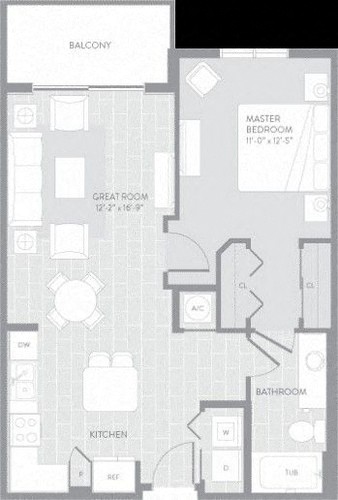 Floor plan for 1 bed, 1 bath, 743 sqft