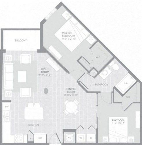 Floor plan for 2 beds, 1 bath, 990 sqft
