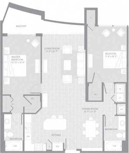 Floor plan for 2 beds, 2 baths, 1279 sqft