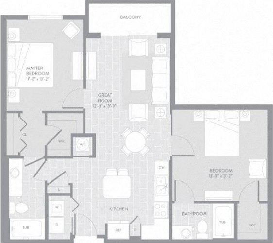 Floor plan for 2 beds, 2 baths, 1044 sqft