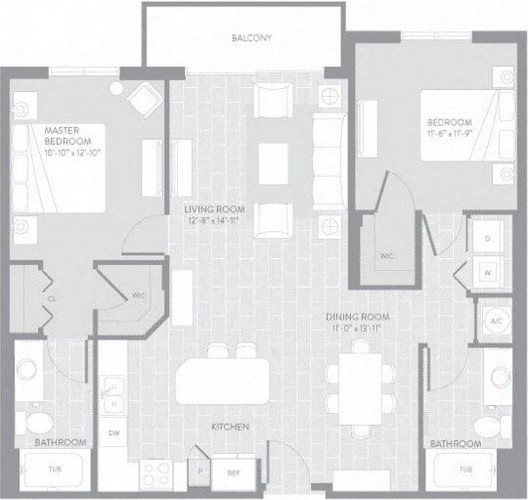 Floor plan for 2 beds, 2 baths, 1110 sqft