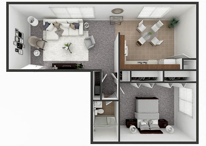 Floor plan for 1 bed, 1 bath, 780 sqft