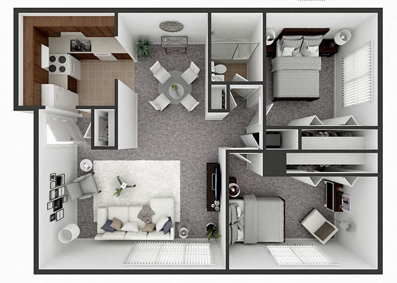 Floor plan for 2 beds, 1 bath, 960 sqft