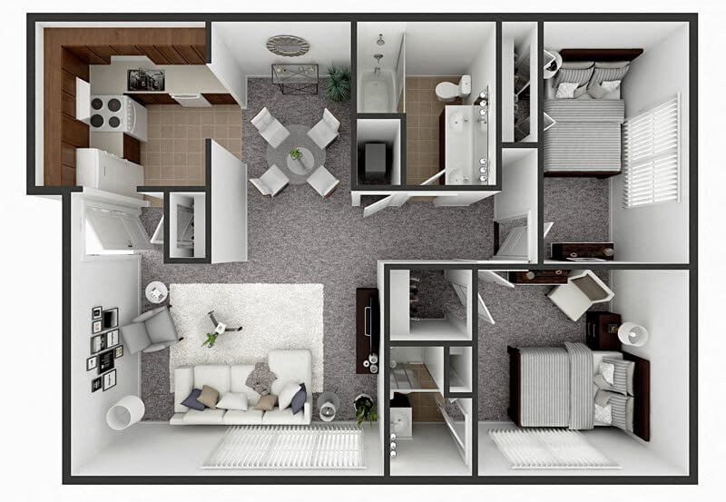 Floor plan for 2 beds, 2 baths, 1070 sqft