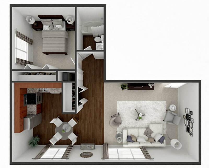 Floor plan for 1 bed, 1 bath, 700 sqft