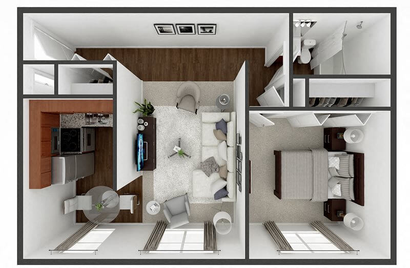 Floor plan for 1 bed, 1 bath, 700 sqft