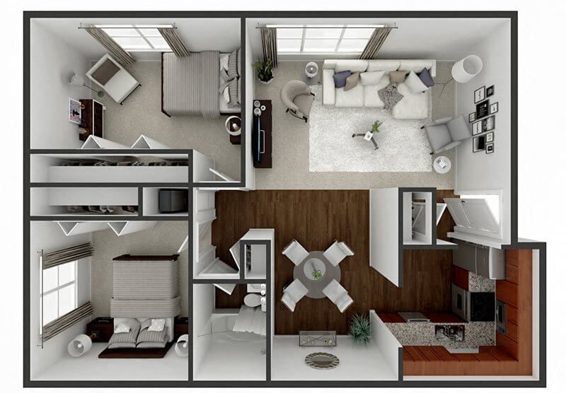 Floor plan for 2 beds, 1 bath, 960 sqft