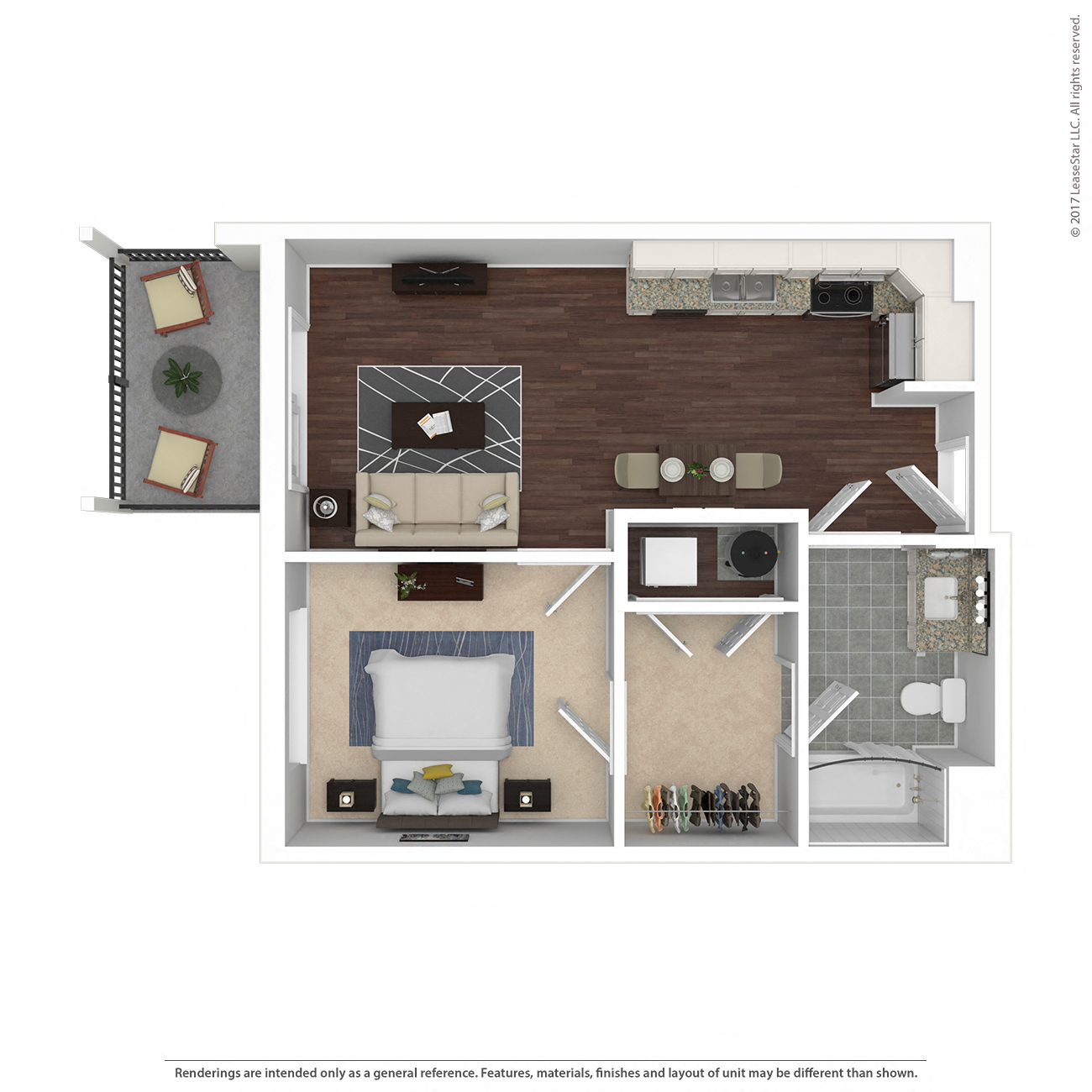 Floor plan for 1 bed, 1 bath, 597 sqft