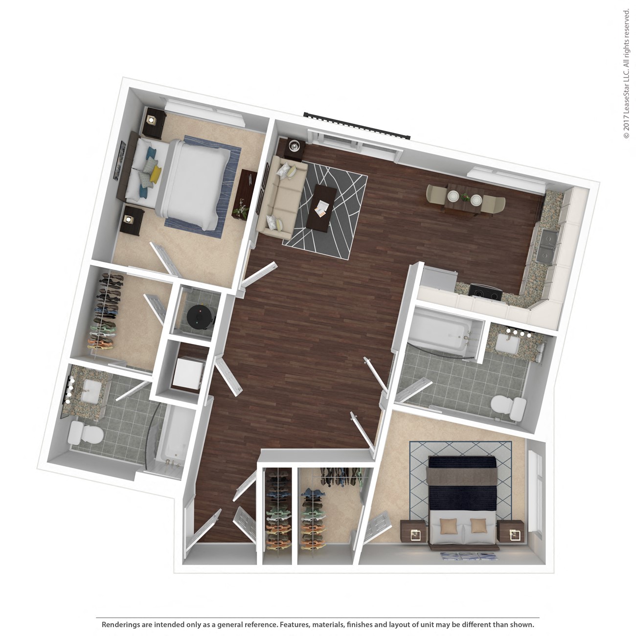 Floor plan for 2 beds, 2 baths, 913 sqft