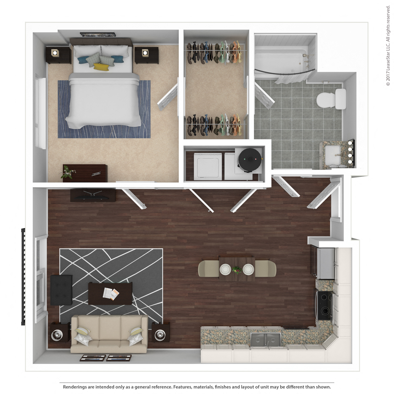 Floor plan for 1 bed, 1 bath, 696 sqft