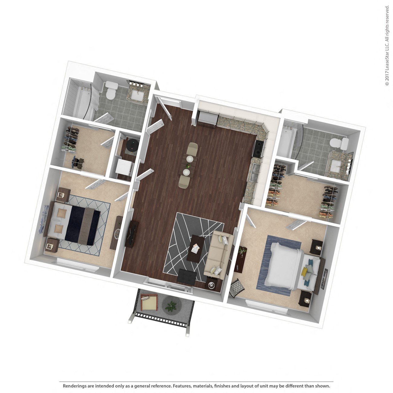 Floor plan for 2 beds, 2 baths, 1073 sqft