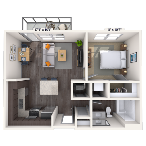Floor plan for 1 bed, 1 bath, 607 sqft