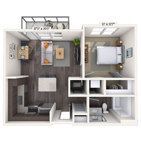 Floor plan for 1 bed, 1 bath, 618 sqft